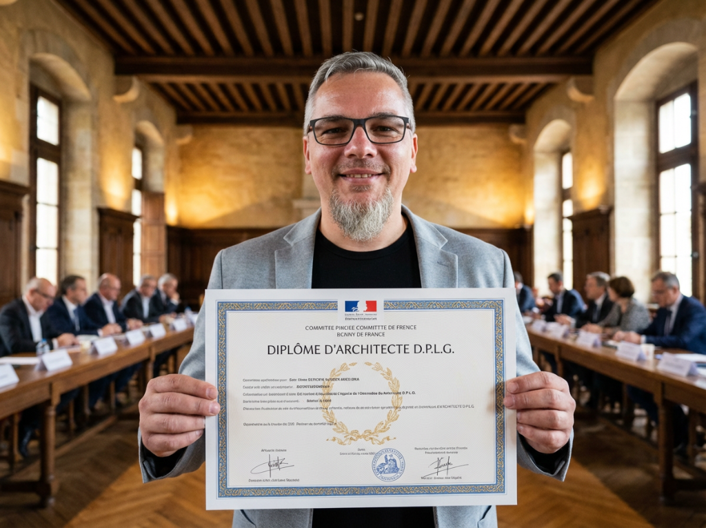 Remise du diplôme d'architecte DPLG lors d'une soutenance — la mention DPLG distingue les architectes diplômés par le gouvernement avant 2007, formation de 6 ans à l'École d'Architecture