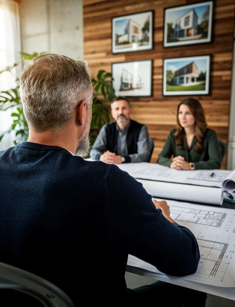 Architecte DPLG en premier rendez-vous avec des clients particuliers — échange sur le programme, le budget et les contraintes du projet avant signature du contrat de maîtrise d'œuvre