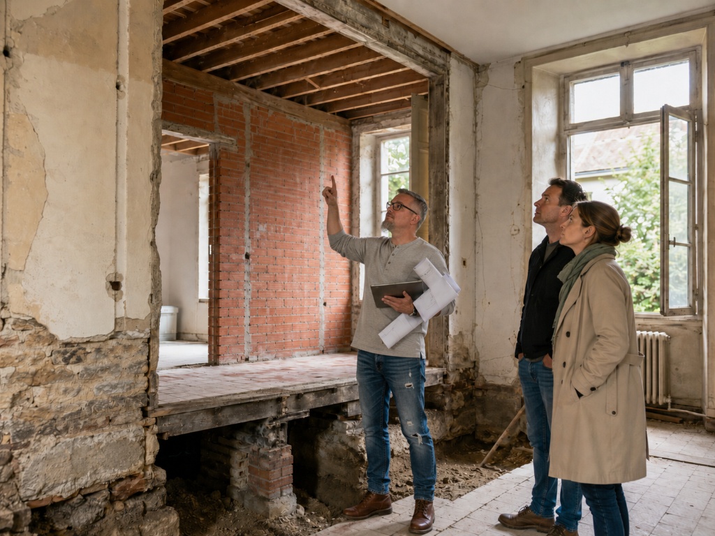 Architecte accompagnant un couple de clients lors d'une visite technique d'un bien à rénover — diagnostic structure avant achat immobilier