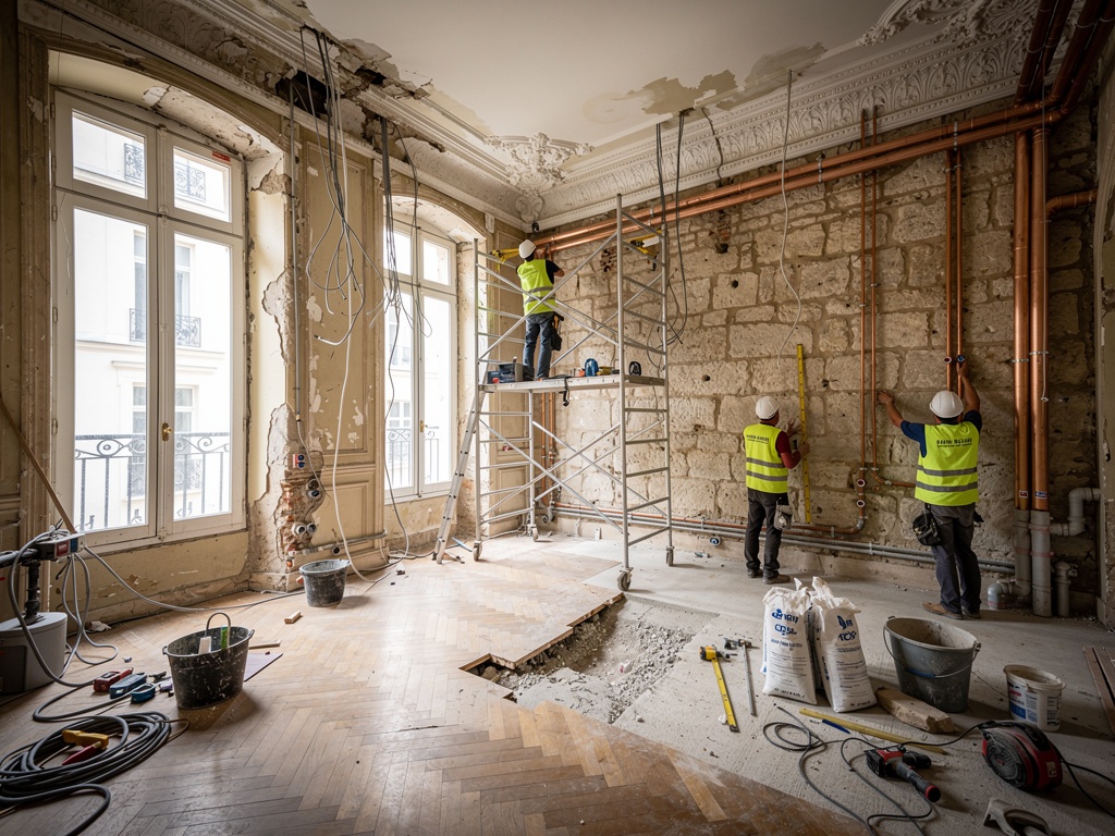 Chantier de rénovation lourde d'un appartement haussmannien à Paris — démolition des cloisons, remise à nu des planchers et redistribution complète des espaces