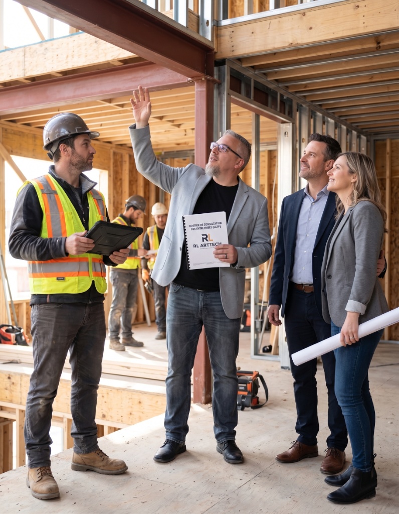 Romuald Luczak, architecte DPLG RL ARTTECH, sur chantier avec ses clients et le chef de chantier