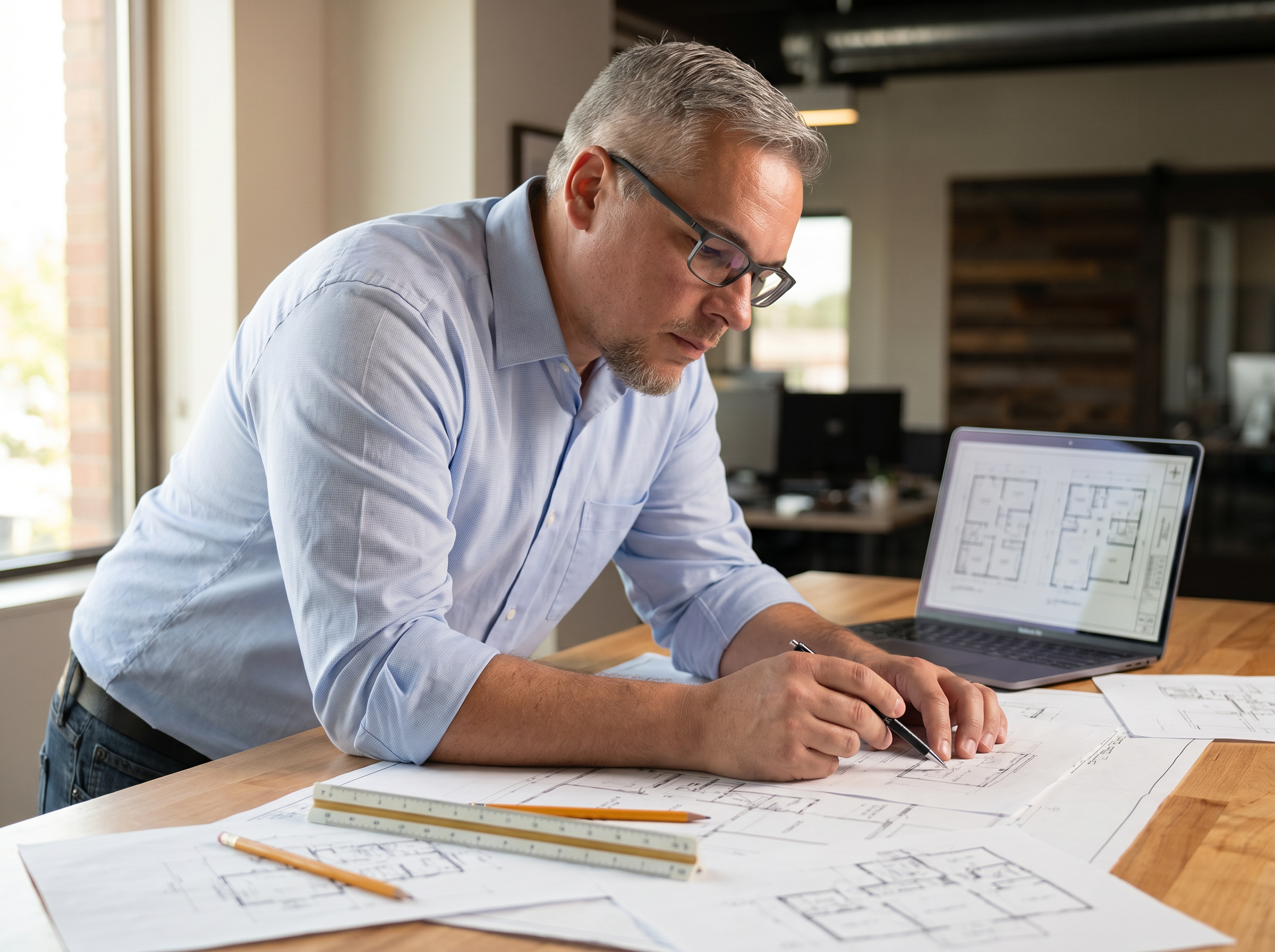 Architecte en consultation avec un client pour analyser la faisabilité d'un projet de construction ou de rénovation
