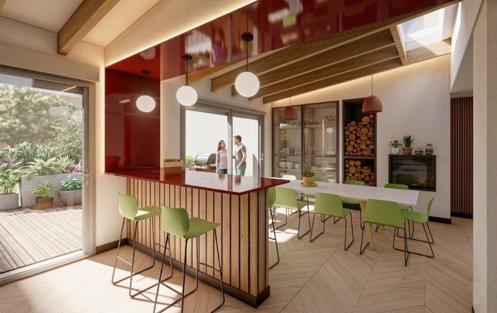Saint-Cloud — Cuisine ouverte avec îlot central, rendu 3D