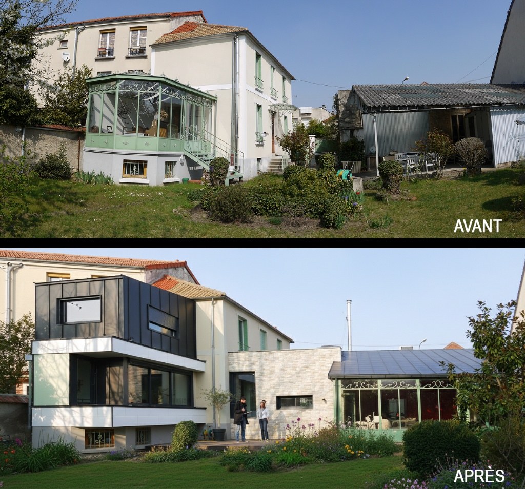 Avant/après façade jardin — extension et surélévation maison individuelle Saint-Maur-des-Fossés