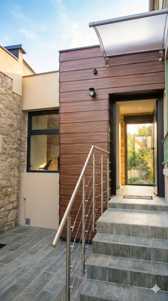 Entrée extérieure bardage bois